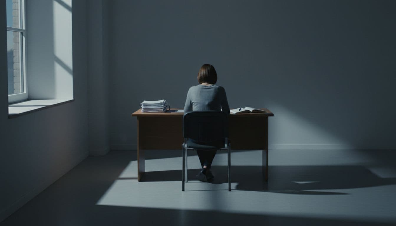 Solitary figure seated at a simple wooden desk in a quiet office at dusk, back view from a distance, with subtle stack of papers and open notebook suggesting stalled research, illuminated by natural window light casting long shadows in minimalist calm style with neutral muted tones.