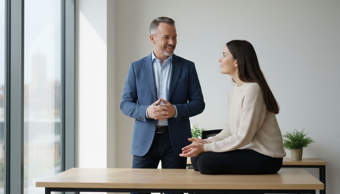 Middle-aged leader stands calmly beside a simple desk in a bright office, speaking encouragingly to a seated younger team member listening attentively, realistic photograph with natural window light.