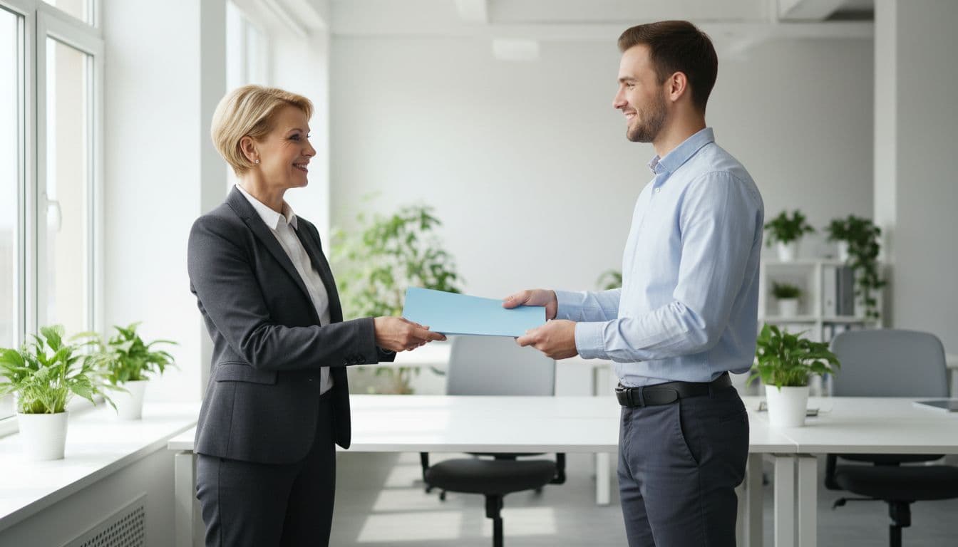 A middle-aged business leader hands a folder to a team member in a bright modern office during a relaxed professional exchange with natural smiles.