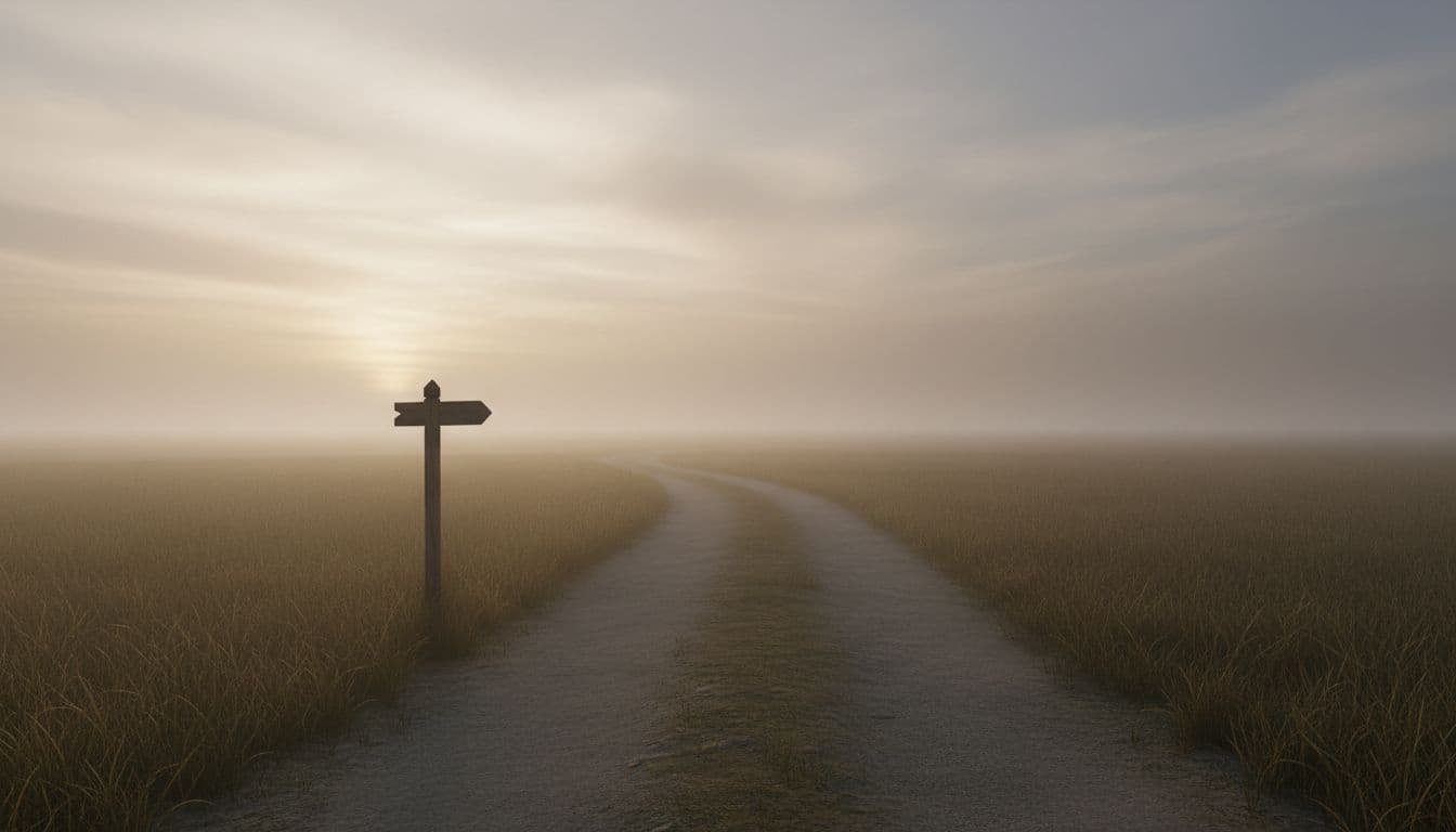 Empty winding dirt path through a misty field at dawn with a solitary wooden signpost pointing ahead, minimalist calm style with neutral muted tones.