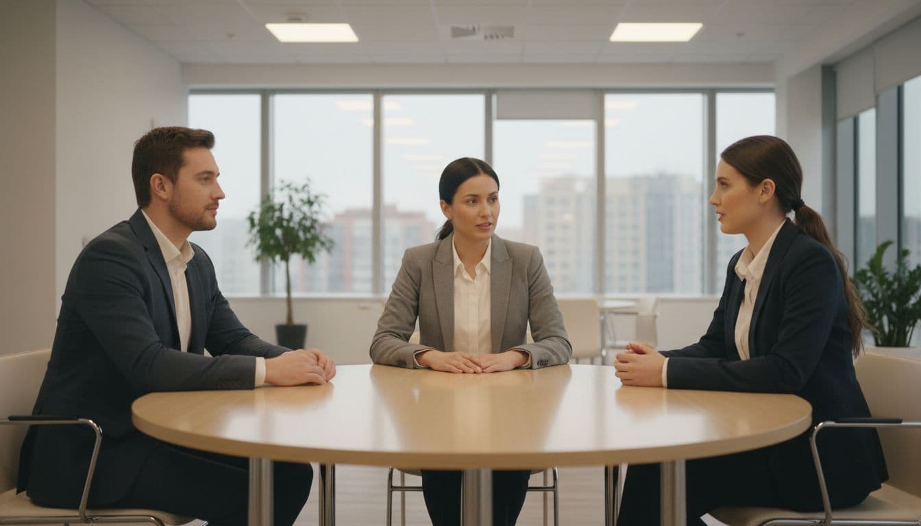 One professional leader and two team members seated around a small conference table in a modern office, engaged in a calm feedback conversation with relaxed postures, neutral expressions, and soft lighting.