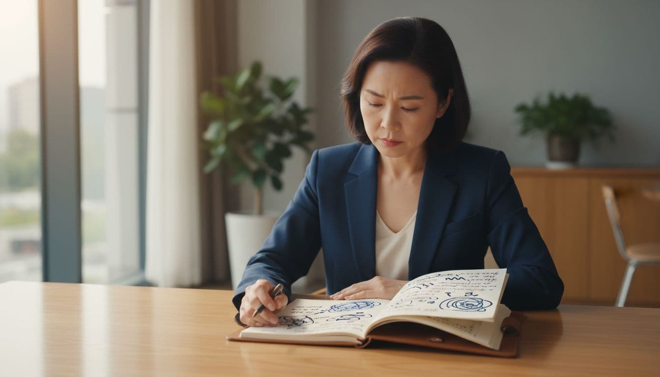 A middle-aged leader sits alone at a wooden desk in a quiet modern office, gazing thoughtfully at an open notebook filled with handwritten notes symbolizing patterns of stress and mistakes, illuminated by soft natural daylight.