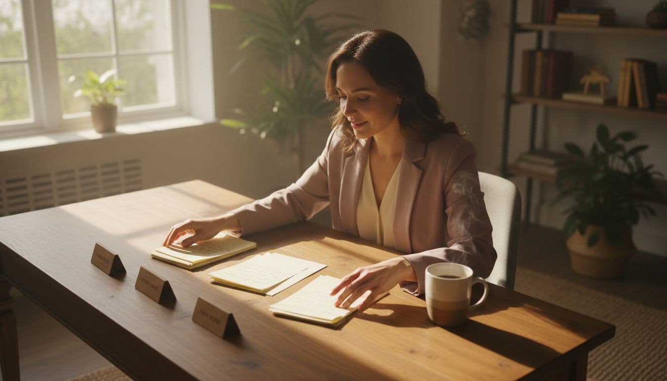 A focused professional woman at a wooden table in a home office calmly reviews handwritten notes in three piles, representing facts, feelings, and fears, with a serene smile, coffee cup nearby, and natural daylight.