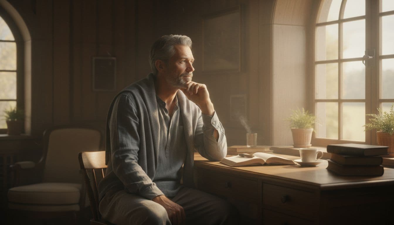 A calm middle-aged man in simple attire sits thoughtfully by a window in a quiet study, hand on chin in reflection, with an open journal and pen nearby, bathed in soft morning light.