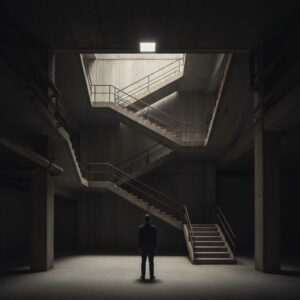 A lone person stands in a dim, industrial stairwell looking up at a square of light.