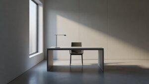 An empty desk in a quiet office lit by the soft glow of early morning sunlight.
