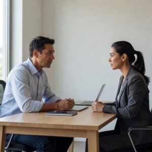 Two coworkers sit at a desk in a sunlit office having a focused, face-to-face conversation.