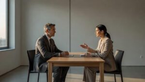 An experienced leader listens attentively to a young employee in a bright and quiet office.