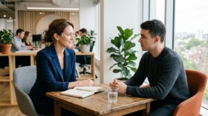 A manager and colleague having a calm conversation across a small table.