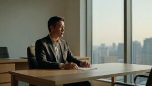 A professional looking thoughtfully out of a large office window during a break.