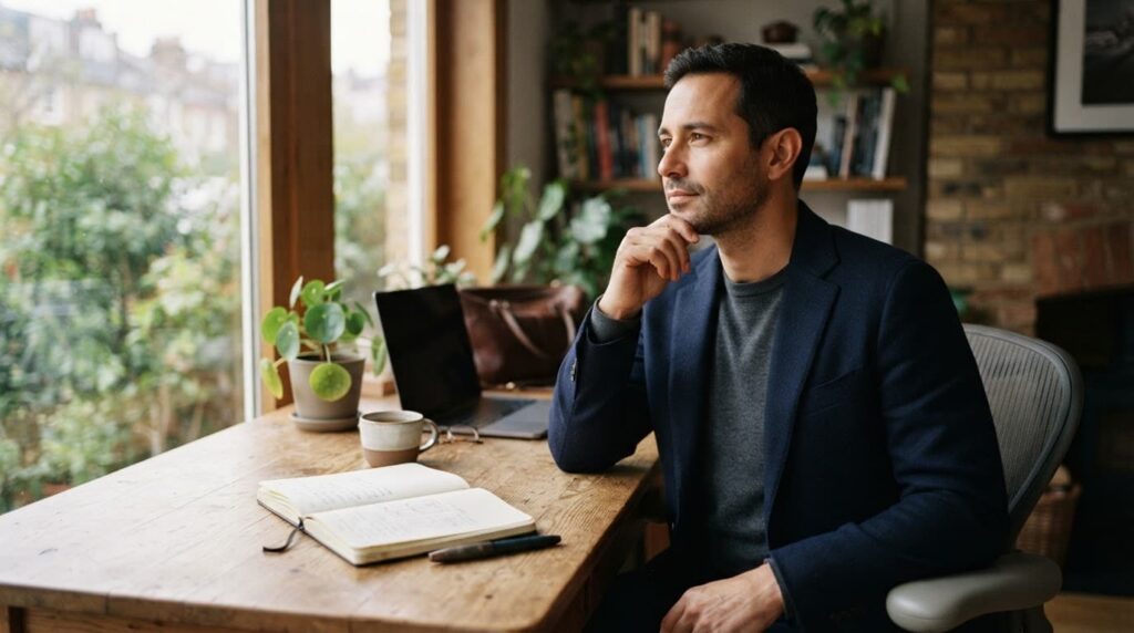 A professional reflects over an open notebook at a wooden desk in soft daylight.