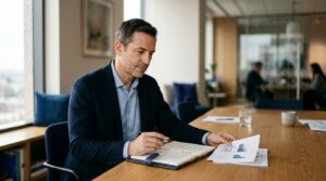 A leader reviews charts and notes at a conference table in a softly lit office.