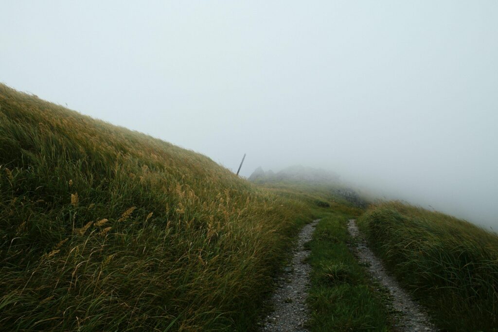 A person walking along a trail disappearing into fog, representing leadership decisions under uncertainty.