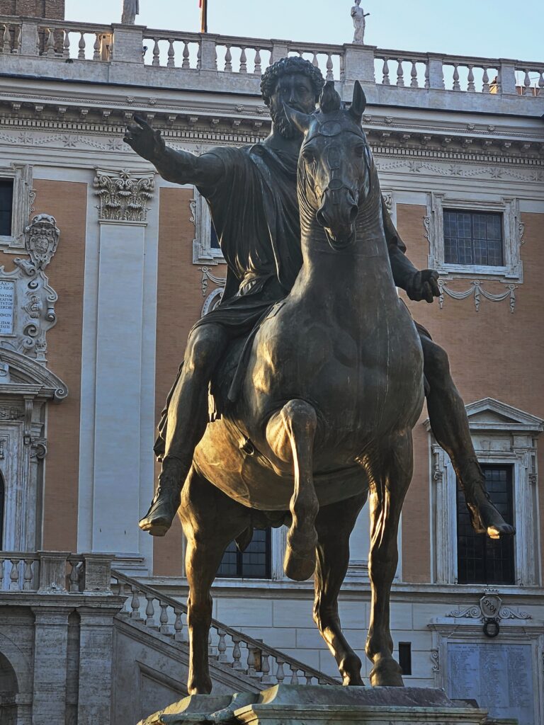 Equestrian statue of Marcus Aurelius in Rome photographed during a visit to the Capitoline Hill.