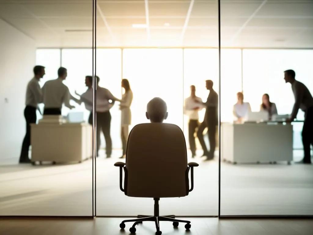 Team continuing a discussion around a conference table with an empty chair representing independent decision-making.
