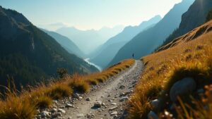 A person walking along a long trail with the path stretching behind them