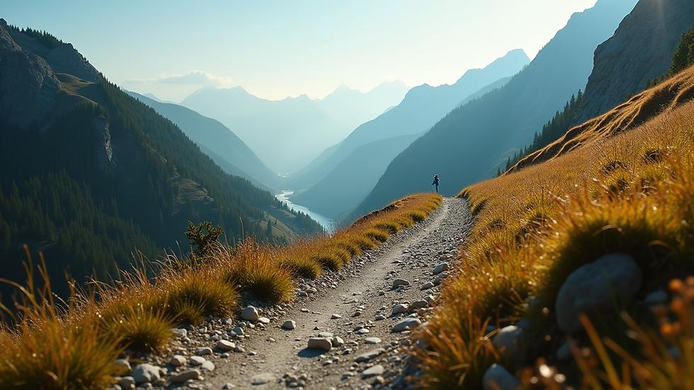 A person walking along a long trail with the path stretching behind them