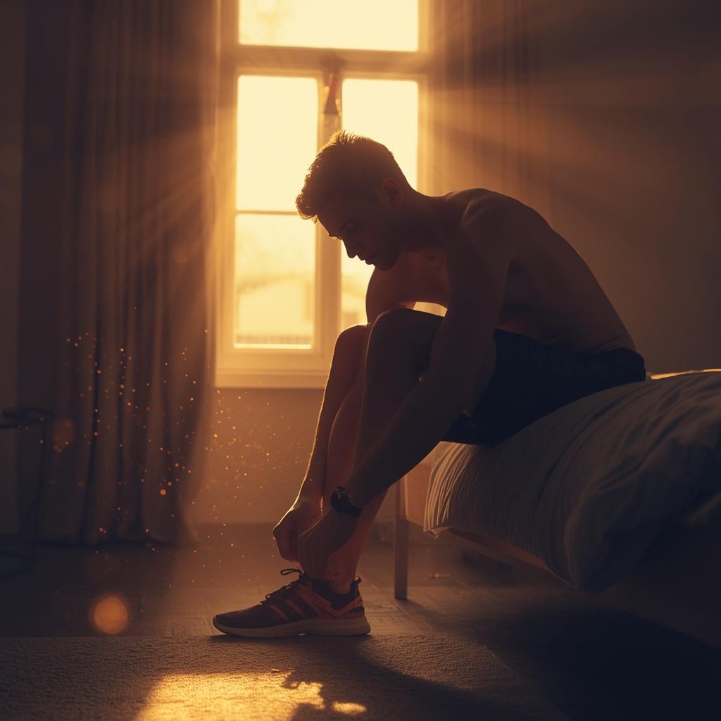 Person tying their shoes in the morning before following through on a personal commitment