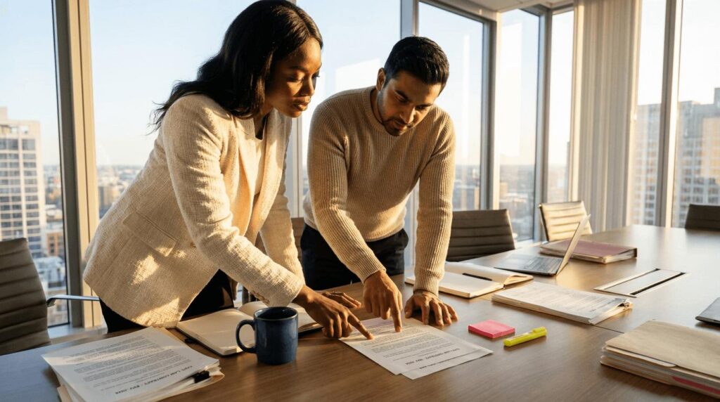 Two coworkers reviewing documents together to identify improvements to a work process.