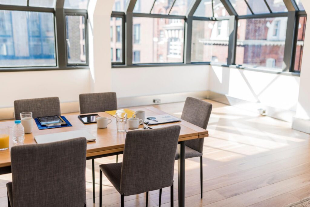 Empty meeting room after a leadership discussion