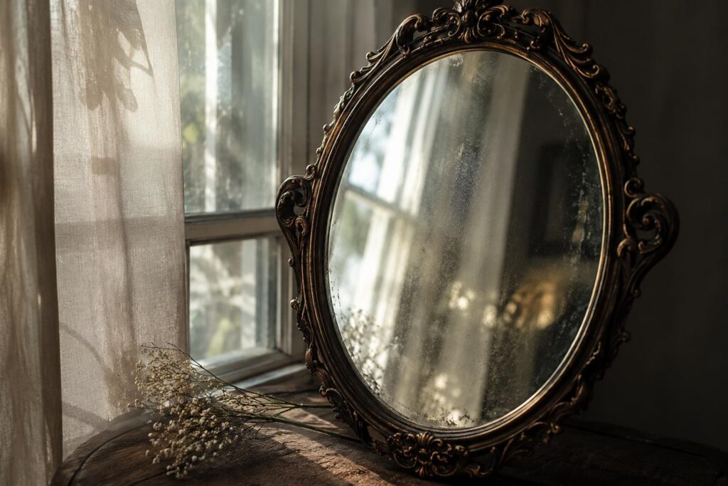 Weathered mirror reflecting a quiet scene in natural light