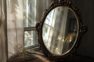 Weathered mirror reflecting a quiet scene in natural light