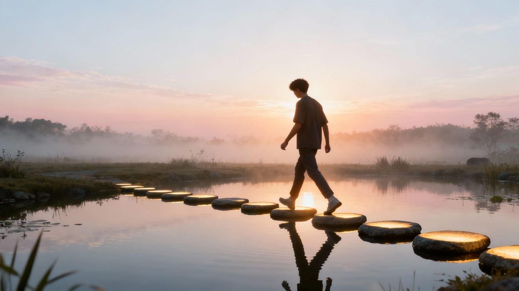 Person walking forward along a path, representing consistent progress through small commitments