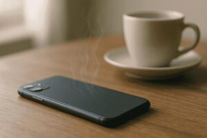 A smartphone resting face down on a desk beside a coffee cup in soft morning light.