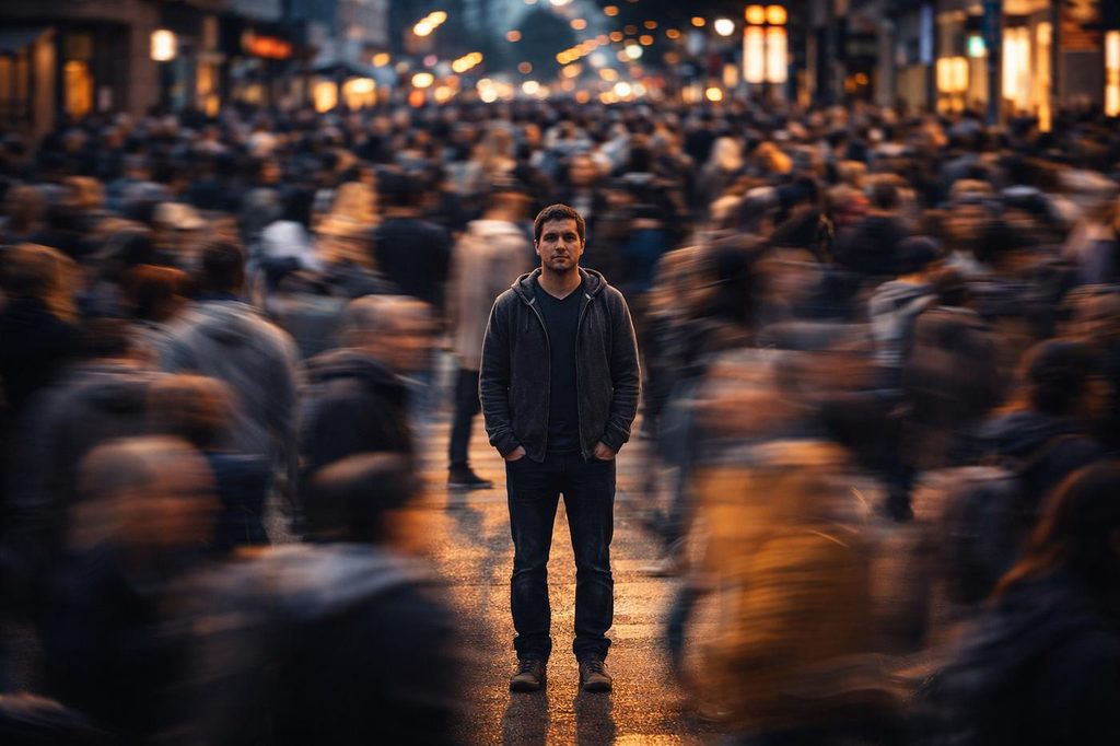 A person standing alone in a busy city crowd, illustrating the difference between social interaction and meaningful connection.