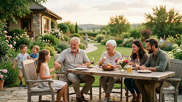 Family and friends enjoying an outdoor meal together, reflecting the importance of making time for relationships and meaningful experiences.
