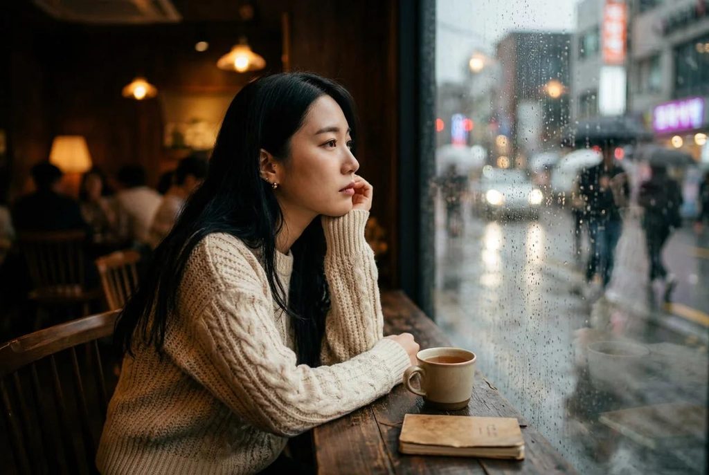 A person sitting thoughtfully beside a rain-covered window, reflecting before responding to a difficult situation.