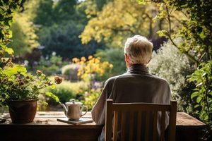 A man sitting quietly on a porch in the afternoon sunlight, appreciating a peaceful moment in everyday life.